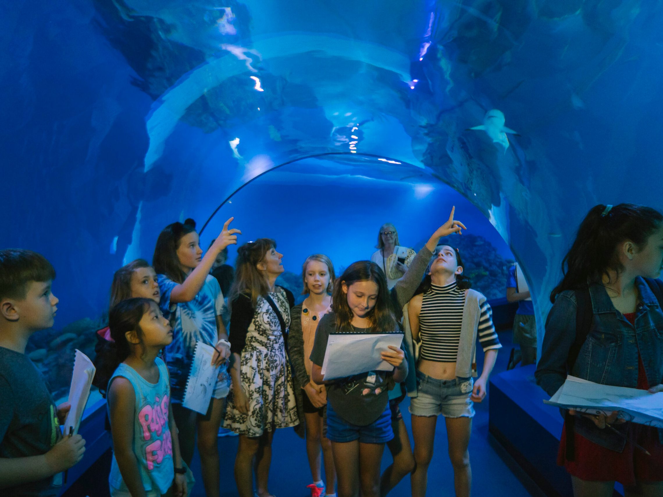 a group of people standing in front of a blue wall