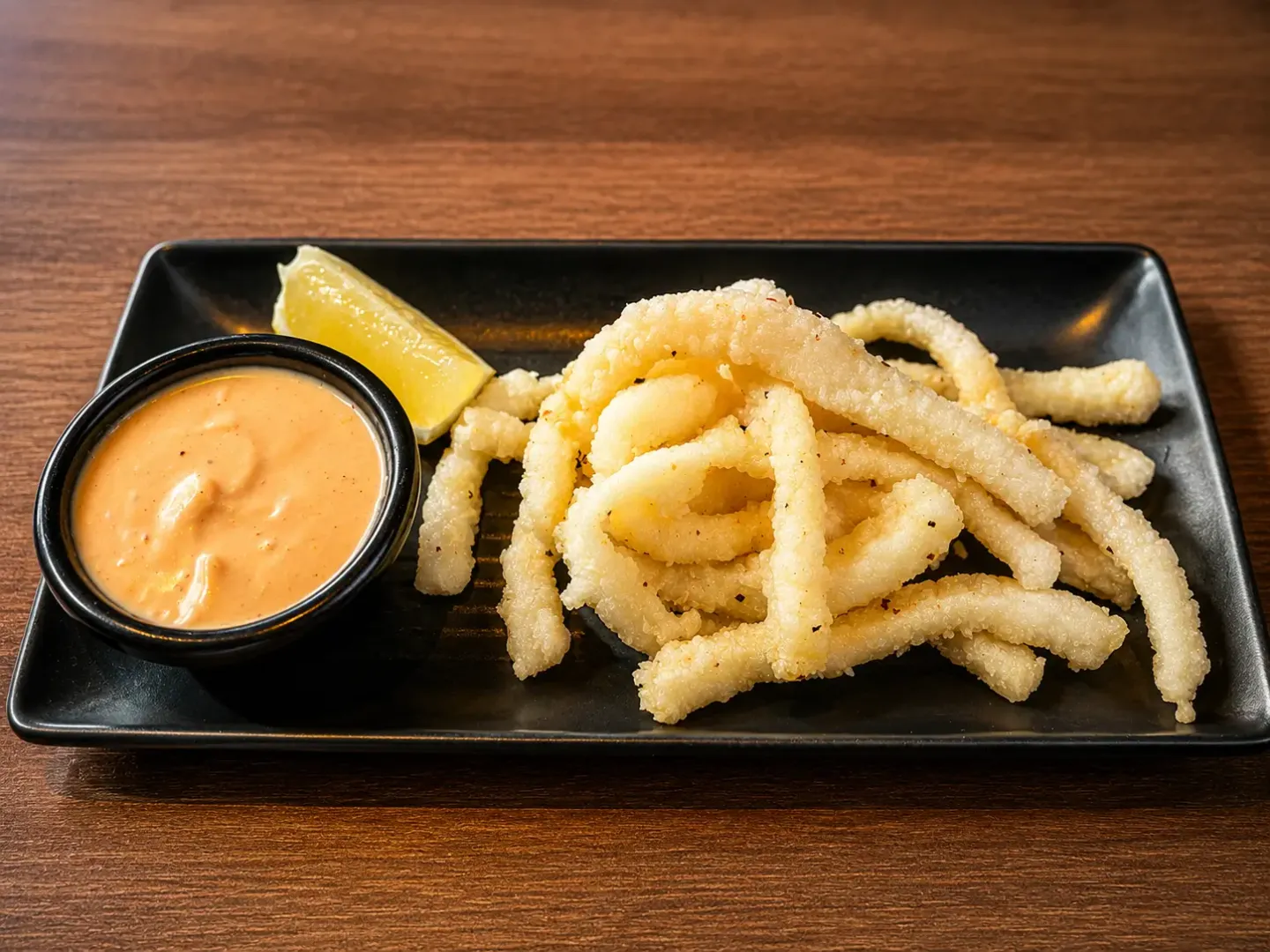 Fried calamari with lemon wedge and dipping sauce on a black plate.