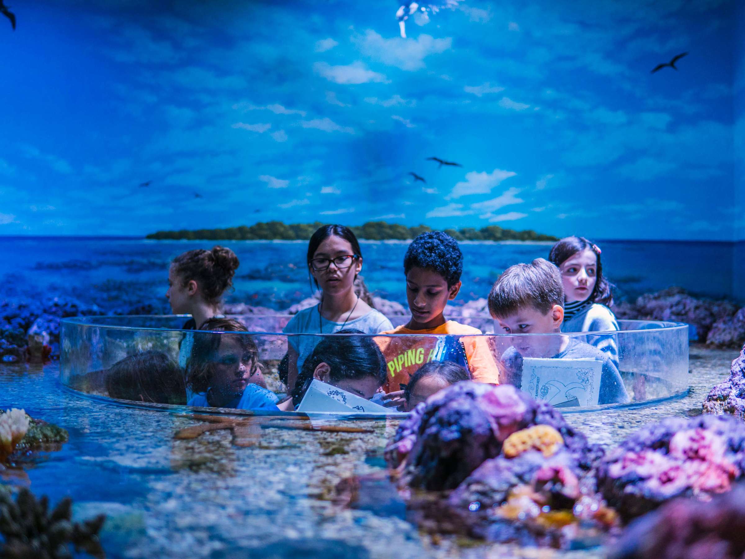 Children explore an aquarium exhibit with a tropical island backdrop.